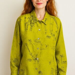 Chico's Silk Women’s Tribal Folk Graphic Print Green Button Blouse Sz 3 (XL)